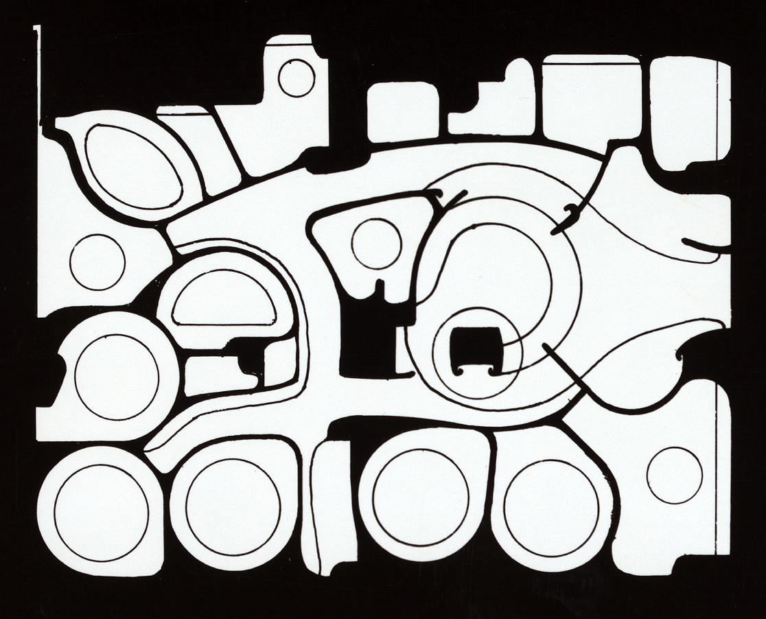 Paul Rudolph’s organically curved floor plan for the dental office of Dr. Nathan Shore, in NYC—a work from the mid-1960’s. While Rudolph was known as a master of geometry and form (and their application to architecture, interiors, and furniture), this sinuous approach to planning was one to which he turned only occasionally. This “poche” version of the plan was used as a decorative graphic on the dental office receptionist station’s glass enclosure.
