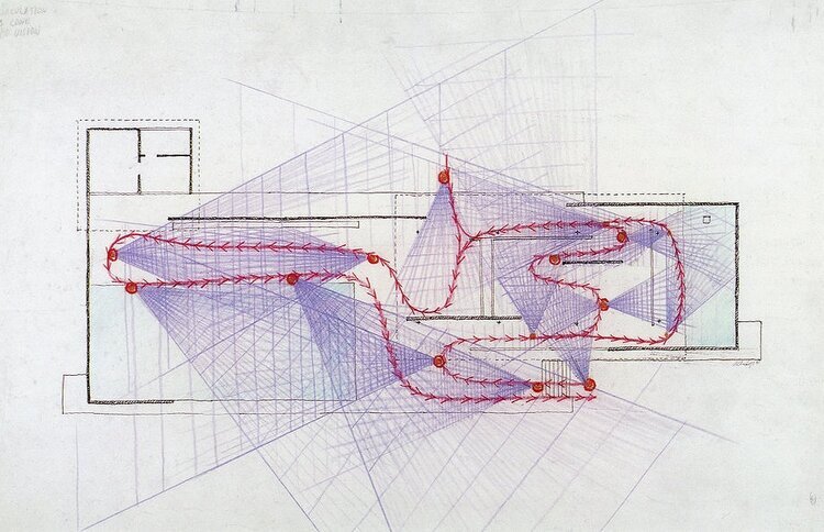 After Paul Rudolph visited the Barcelona Pavilion, he made a series of fascinating analytical drawings—one of which is shown above—and all of which you can see here (where you can also read Rudolph’s thoughts about his moving experience of the build…