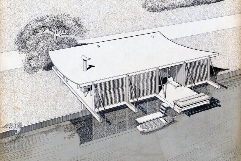 Paul Rudolph’s perspective rendering of the Healy Guest House—which shows its iconic catenary curve roof.