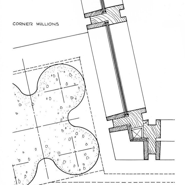 One of Paul Rudolph’s details of the building’s exterior. This is a plan-detail, showing a concrete column (In a 4-lobed shape, which evokes the  campus’ vintage Gothic-style building details), and a corner of the wood-framed glazing system. When co…