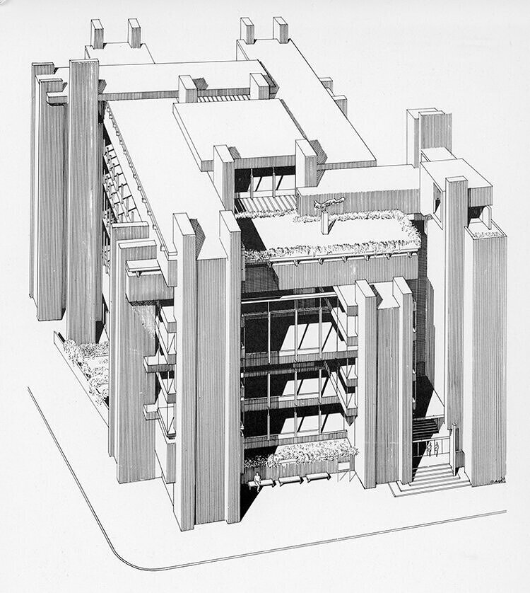 Although Paul Rudolph is famous for his perspective drawings, he also sometimes chose other graphic forms—like axonometric or isometric projections (the latter of which is used here, in his drawing of the Yale building.)
