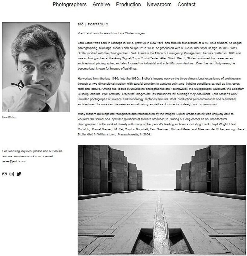 A screen capture from the ESTO website, of the page focusing on Ezra Stoller. It includes a portrait of the famous photographer himself, as one of his iconic images of a building by Louis Kahn: the Salk Institute.
