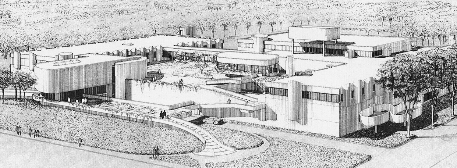 A rendering of Endo Laboratories, which was built in Garden City, Long Island— a Paul Rudolph design from the first half of the 1960’s. In 1964 it was the recipient of an award from the Concrete Industry Board of New York as “Concrete Building of the Year” for “representing the best in conception, originality, and applicability of concrete in both design and construction.” Caroline Rob Zaleski’s book, “Long Island Modernism,” delves into this fascinating and complex project.