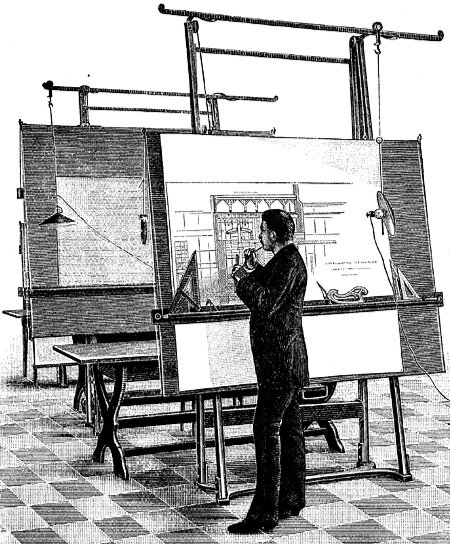 An architect at his drawing board: an engraving published in 1893, illustrating an article about a new model of upright drawing board. With its counter-weighted parallel bar (replacing the traditional T-Square), built-in drafting tools ledge, and movable electric light, this would have been high-tech for it’s era. While this might be seen as improved equipment for the architect, the kind of analysis which Wagner an Deamer offer could lead one to characterize this as a way to increase labor productivity. Note that work would have been done standing-up, a practice more often found in European architecture and engineering offices.