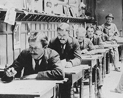 A view of the architectural drafting room of Ferry &amp; Clas—probably from the late 19th Century.