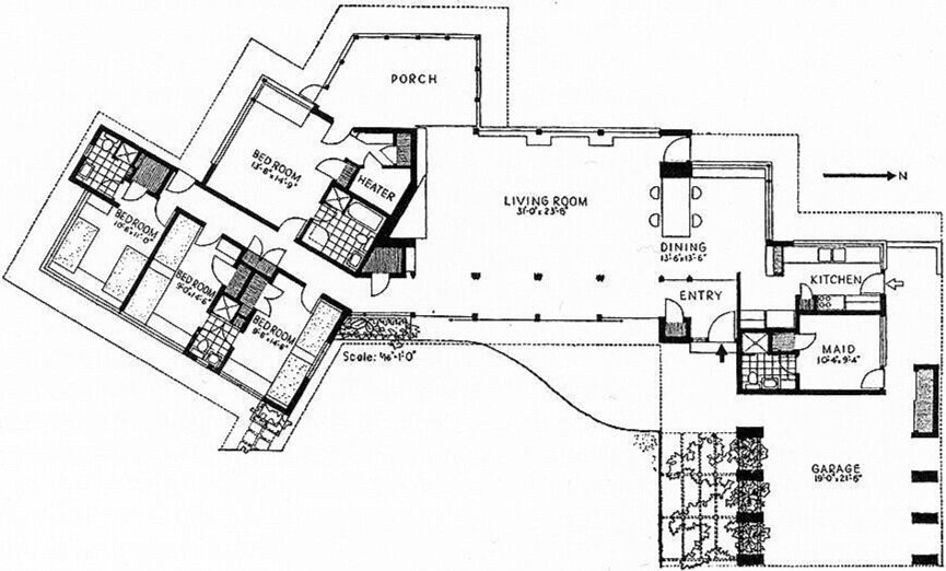 The plan of the Twitchell Residence: Ralph Twitchell’s residence in Sarasota, Florida, a design of 1941. It is Paul Rudolph’s second built design, and his first in association with the senior architect. What might one learn (or speculate about) from studying such a floor plan?