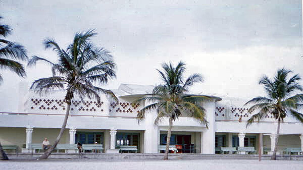 Beachside view of the Lido Beach Casino—a view from circa 1956—showing the main, central structure that visually anchored the complex.