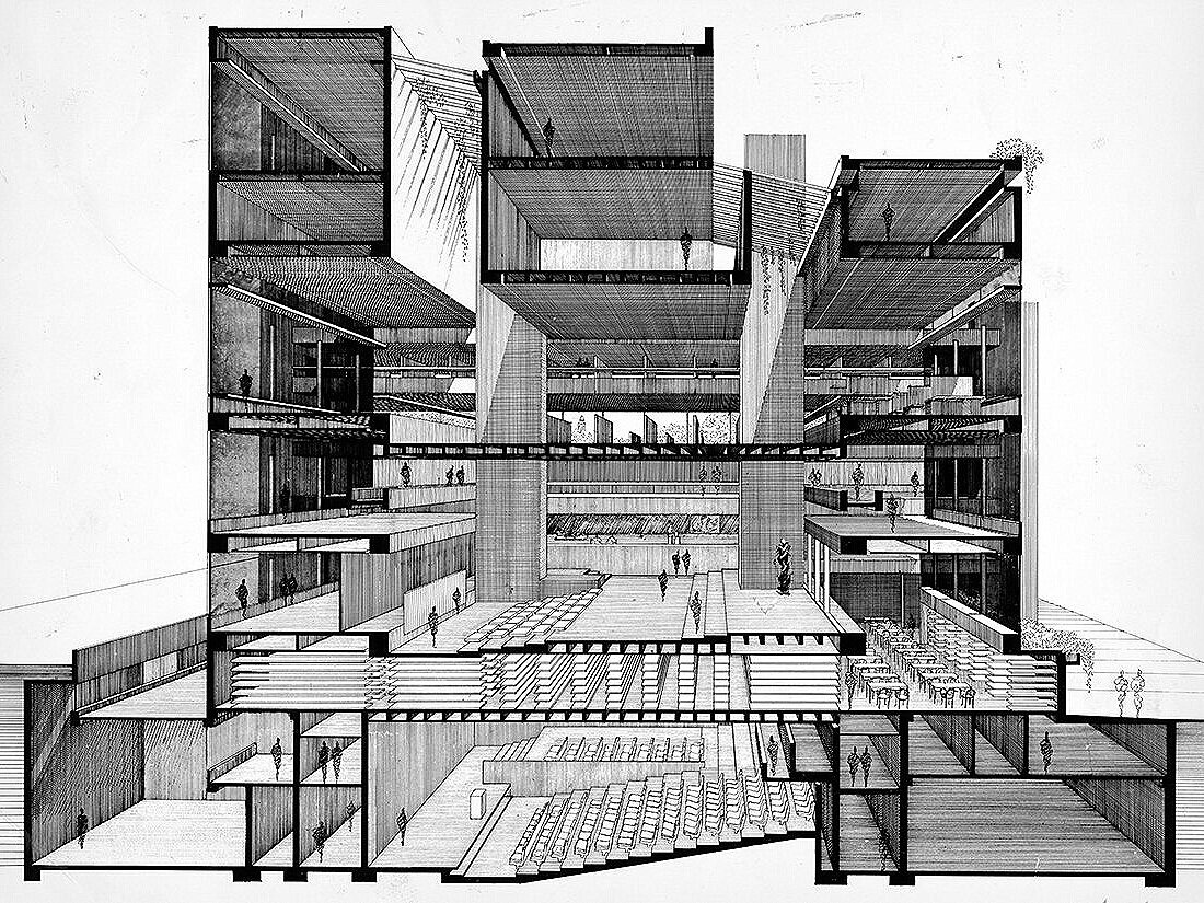 Paul Rudolph’s section-perspective drawing through the Yale Art &amp; Architecture Building (which has been red-dedicated as Rudolph Hall). The drawing gives a dramatic sense of the interpenetrating levels and the functions of the building’s complex of spaces. [It is worth going to the project page devoted to this building, where you can see an enlarged version of this drawing.]