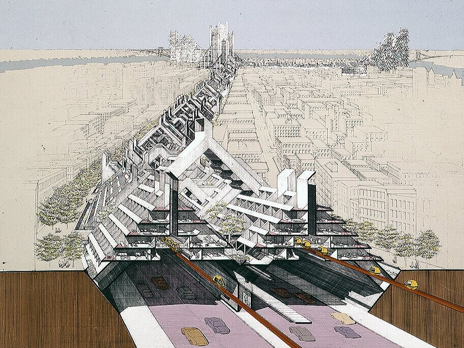 Rudolph’s section-perspective through the LOMEX project. This drawing not only conveys the architectural drama of the architecture Rudolph proposed, and the multiple-functions of the Manhattan-crossing mega-structure, but it also situates the project within the cityscape. [It is worth going to the project page devoted to this building, where you can see an enlarged version of this drawing.]
