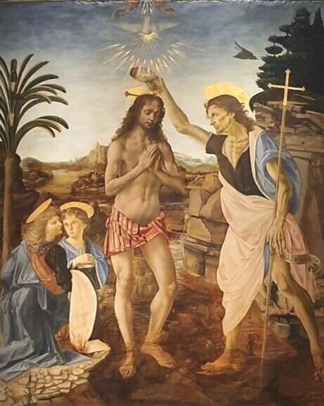 A work by Andrea del Verrocchio, in which his young apprentice, Leonardo, painted the angel at the far-left—done with such intimidating mastery that Verrocchio allegedly never again painted in color.