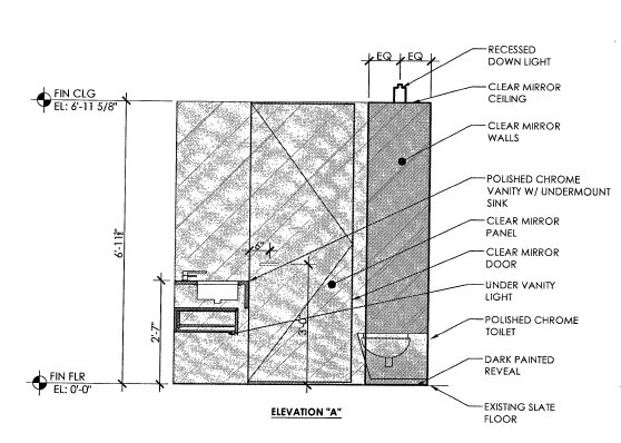 Mirrors, mirrors everywhere… reminds us of the note ‘melamine everything’ that was found during a renovation of Rudolph’s own 23 Beekman Place. We especially love the polished chrome toilet and vanity with undercounter lighting. Drawing by Atmosphere Design Group, from the NYC DOB.