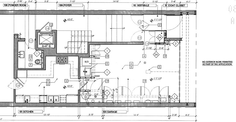 Note the garage door is dotted on the demolition plan, with a note calling for it to be replaced. Drawing by Atmosphere Design Group, from the NYC DOB.