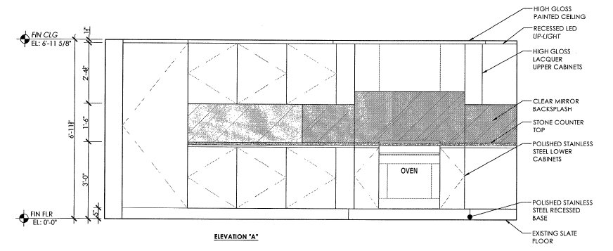 Mirrors used for the kitchen back-splash are reminiscent of the kitchen designed by Paul Rudolph at the Modulightor’s duplex apartment. Drawing by Atmosphere Design Group, from the NYC DOB.
